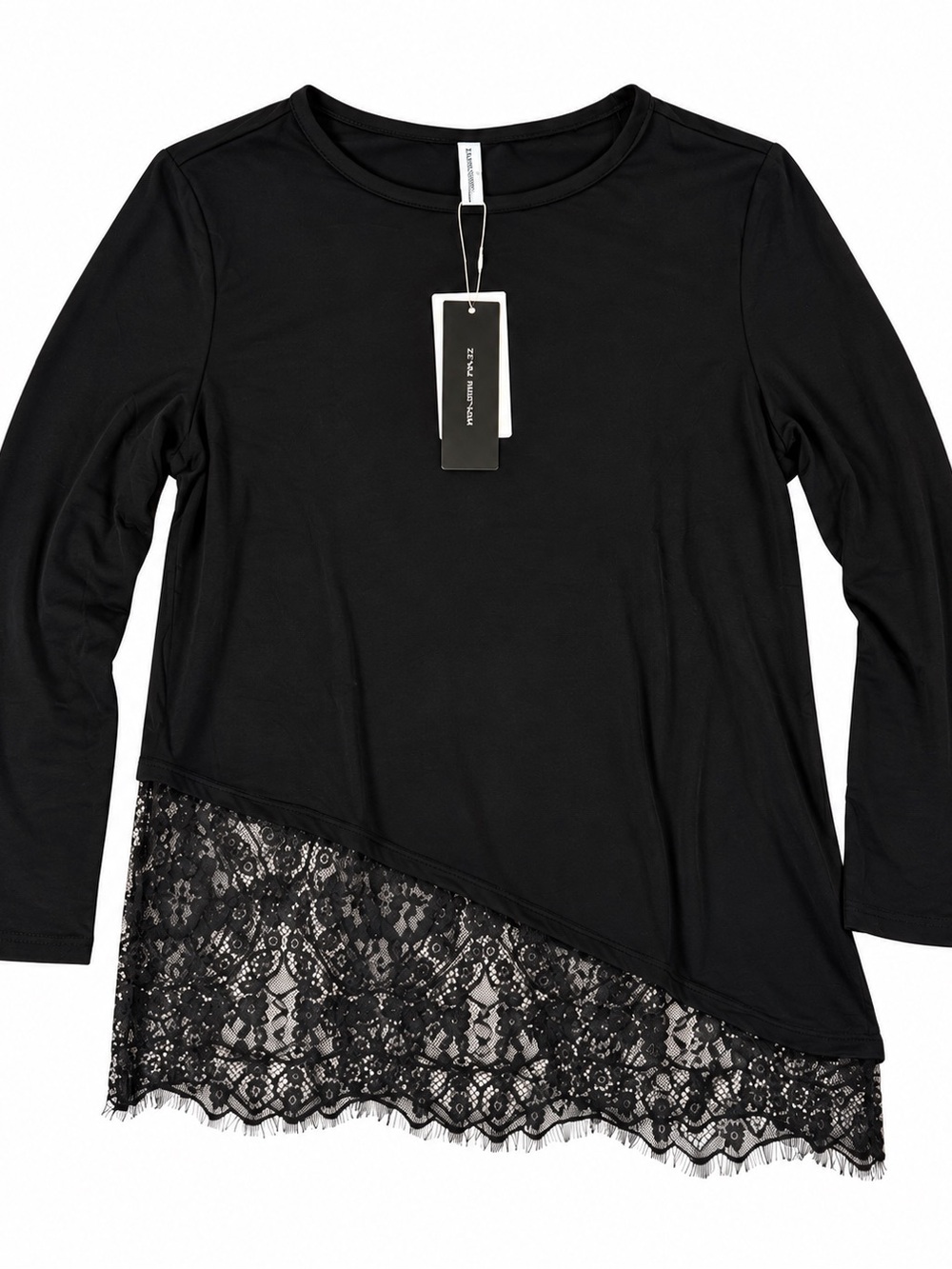 Black Lace-Hem Long Sleeve Blouse - Unbranded
